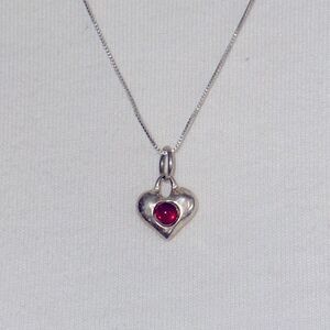 925 Silver small heart pendant with July (red) birthstone with chain
